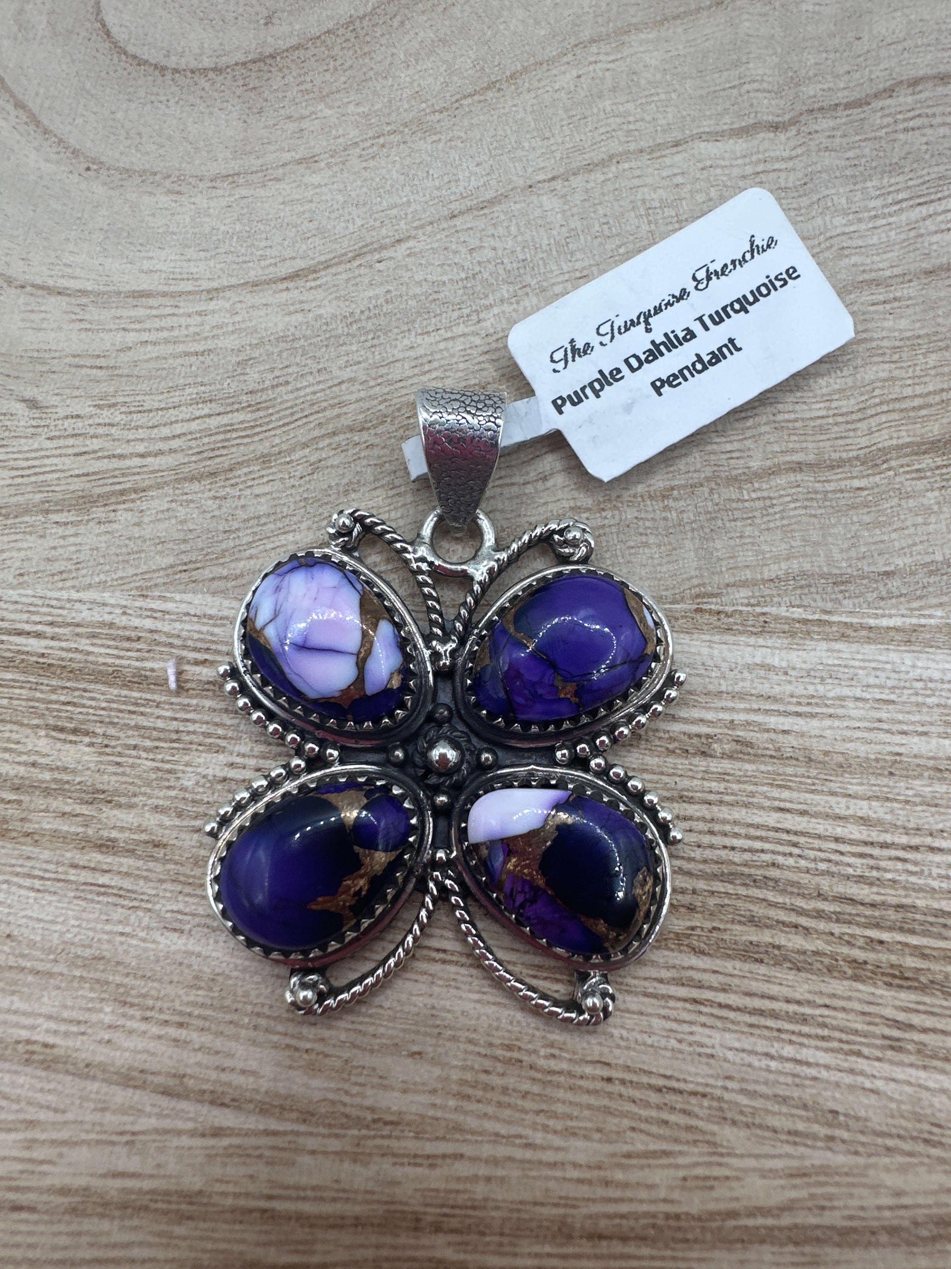 Purple Dahlia Turquoise Butterfly Pendant