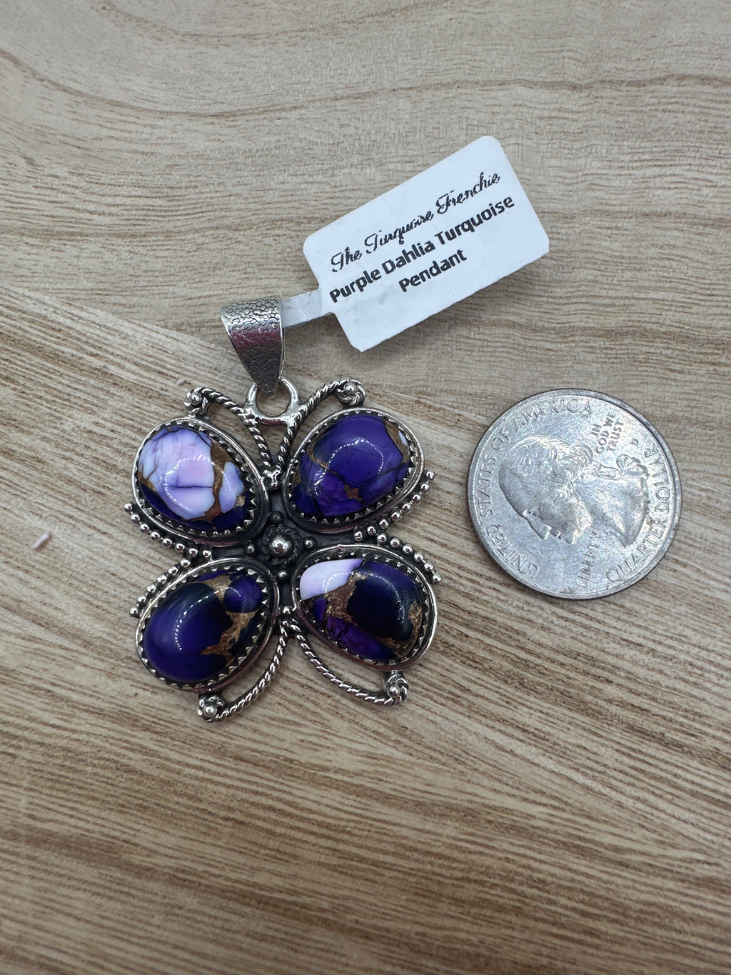 Purple Dahlia Turquoise Butterfly Pendant