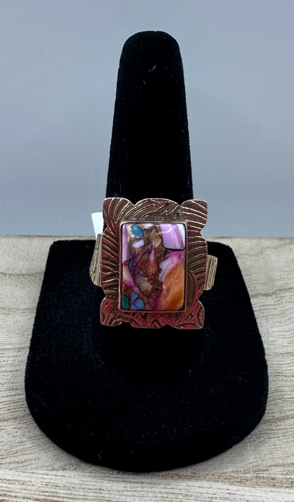 Pink Spiny Oyster Turquoise Copper Adjustable Ring