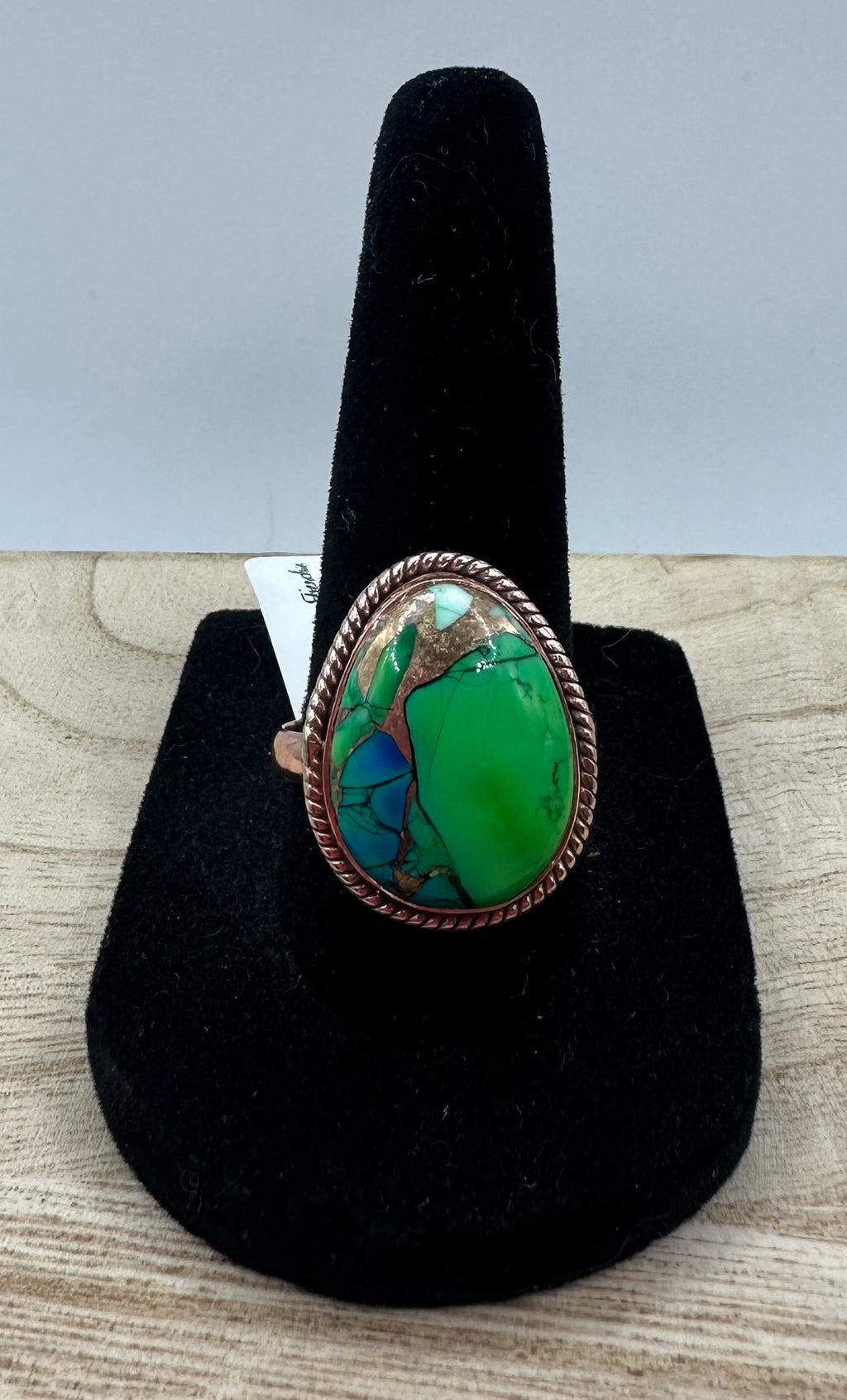 Peacock Dahlia Turquoise Copper Ring Size 8.5