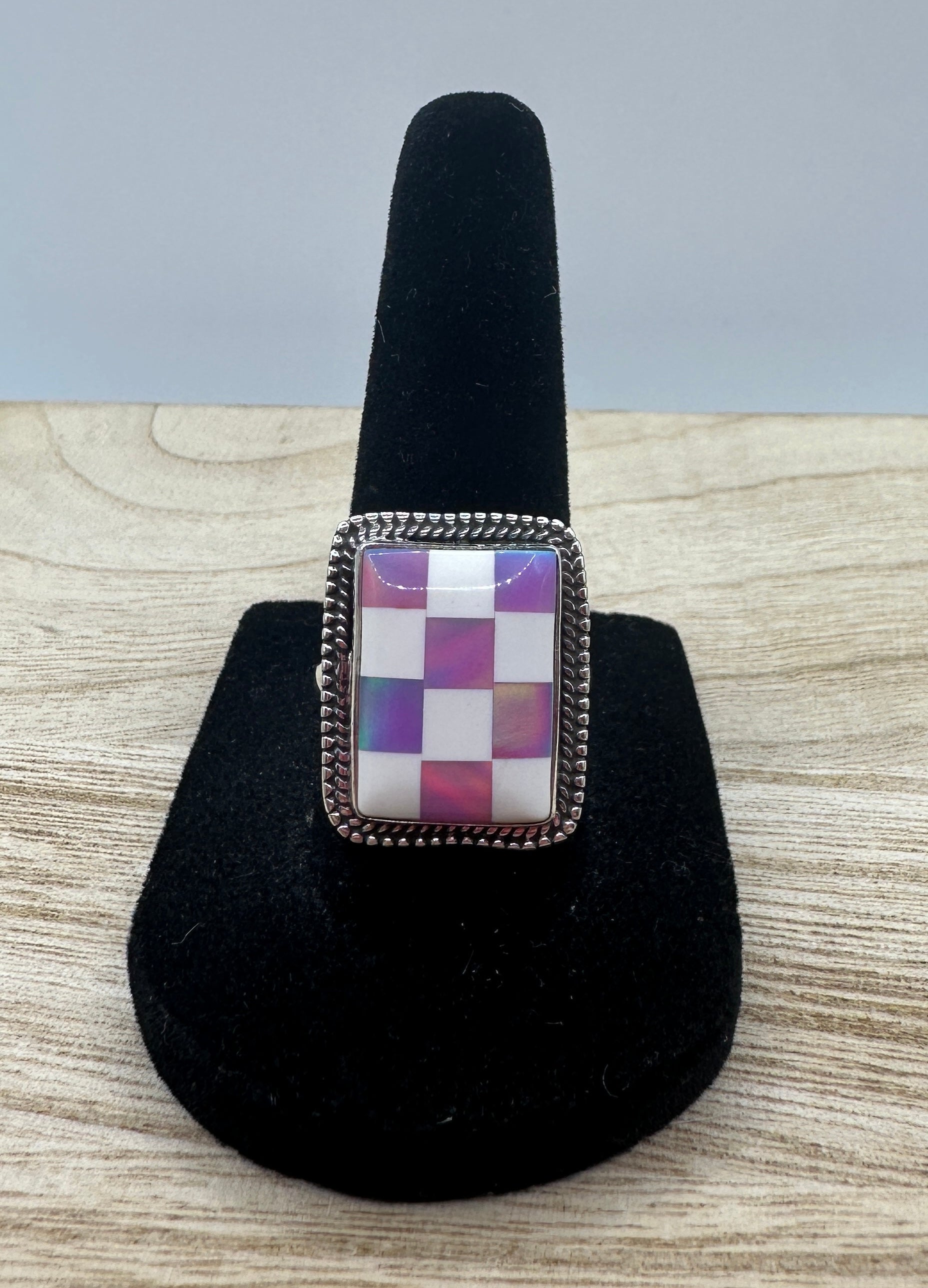 Aurora Opal Checkerboard Ring Size 8