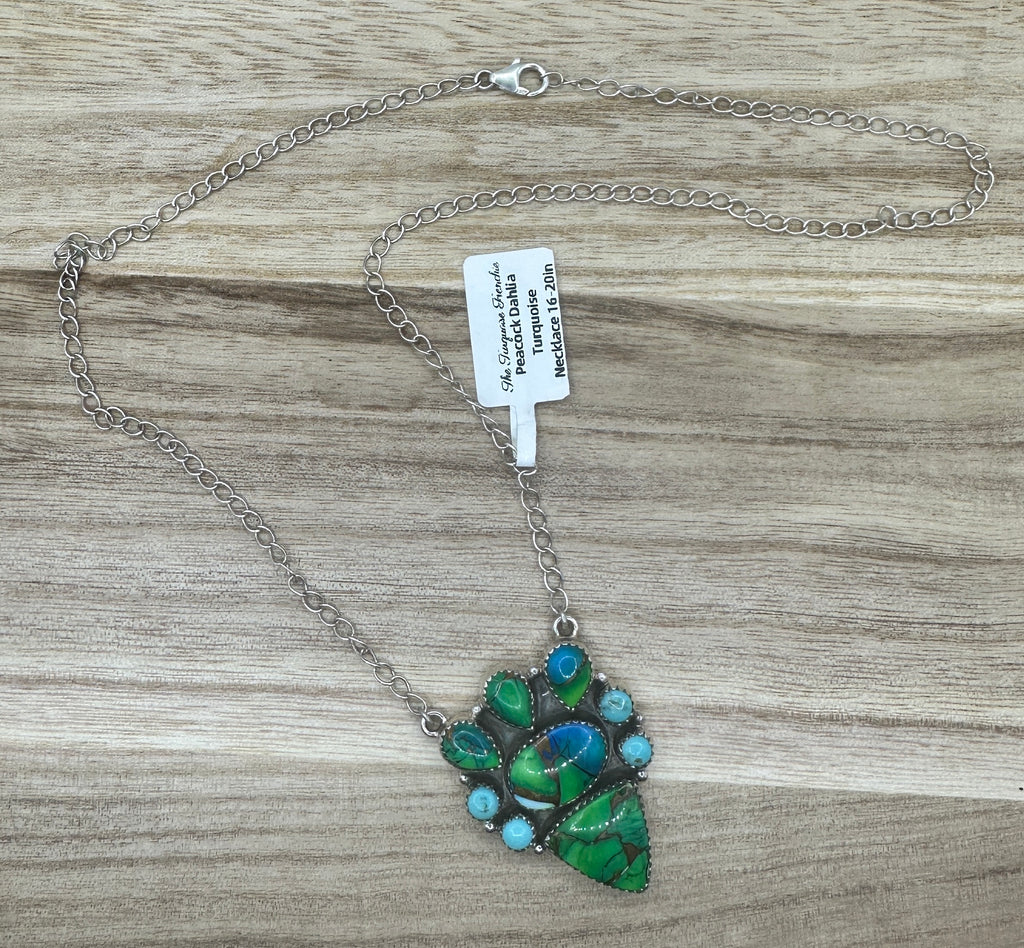 Peacock Dahlia Turquoise and Kingman Turquoise Necklace 16-20in
