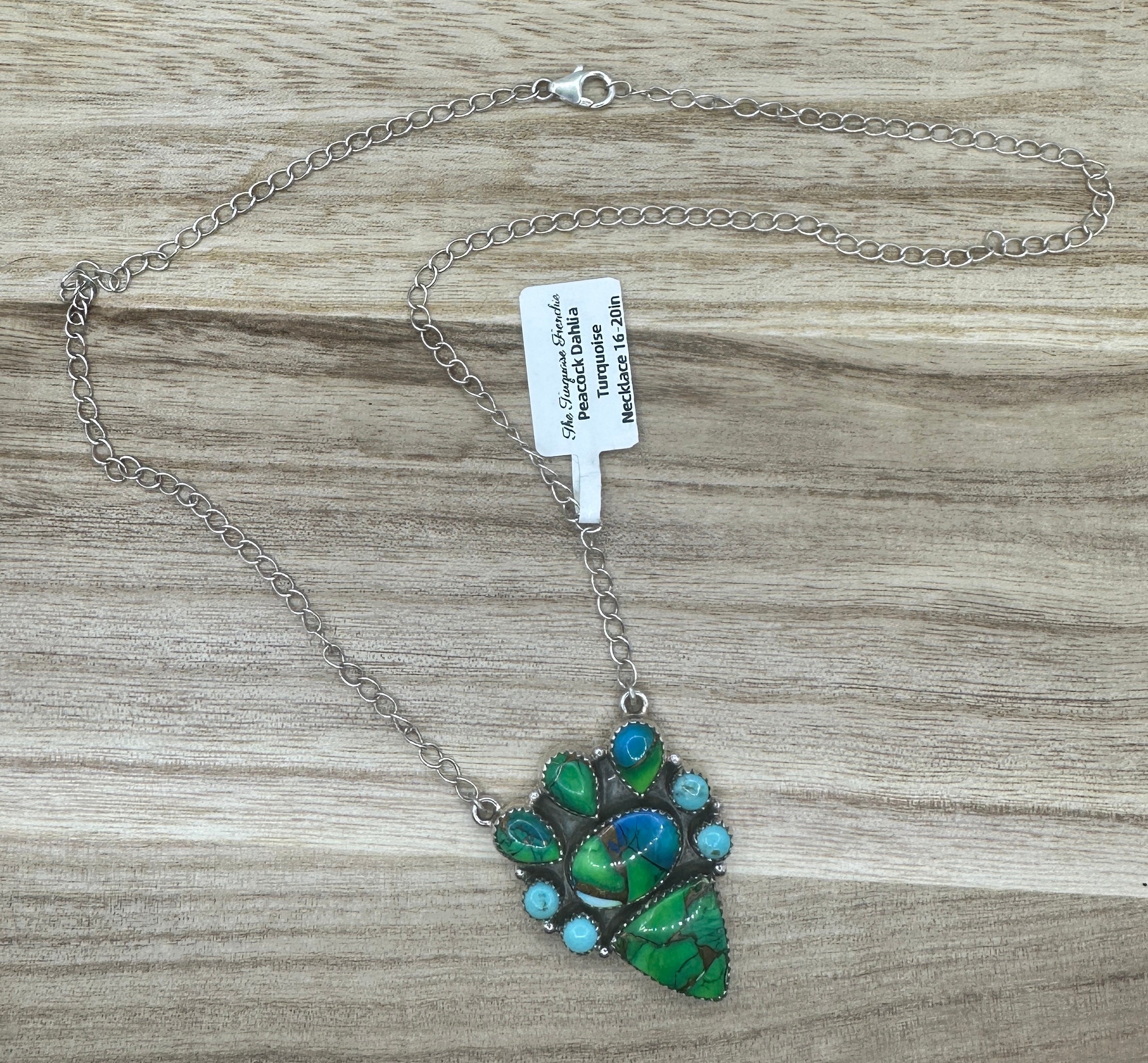 Peacock Dahlia Turquoise and Kingman Turquoise Necklace 16-20in