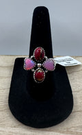 Red Rose Dahlia Turquoise and Aurora Opal Adjustable Ring