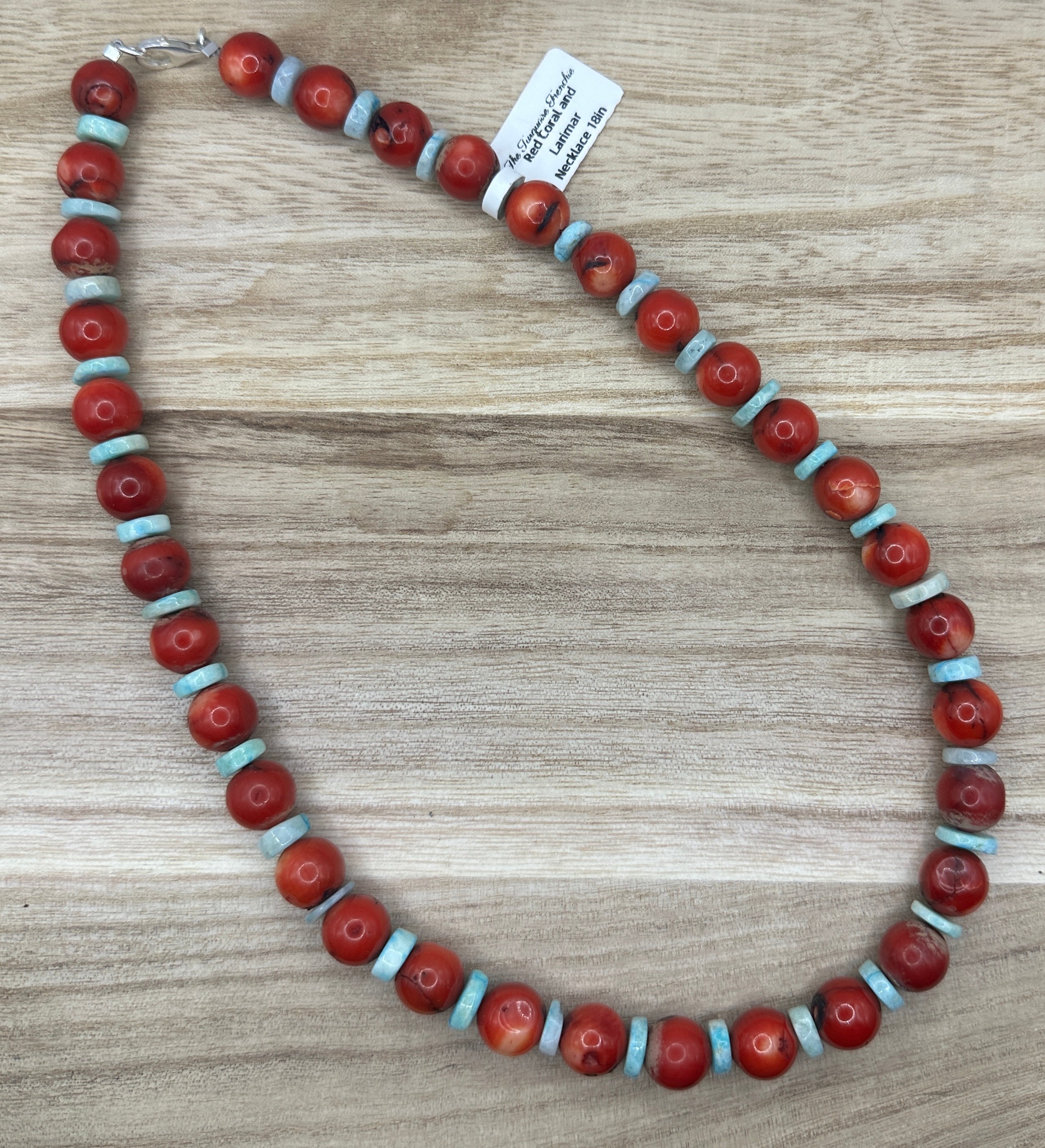 Red Coral and Larimar Necklace 18in