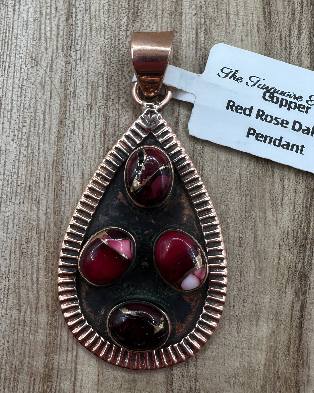 Red Rose Dahlia Turquoise and Copper Pendant