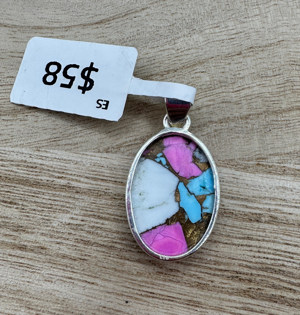 Cotton Candy Dahlia Turquoise Oval Pendant
