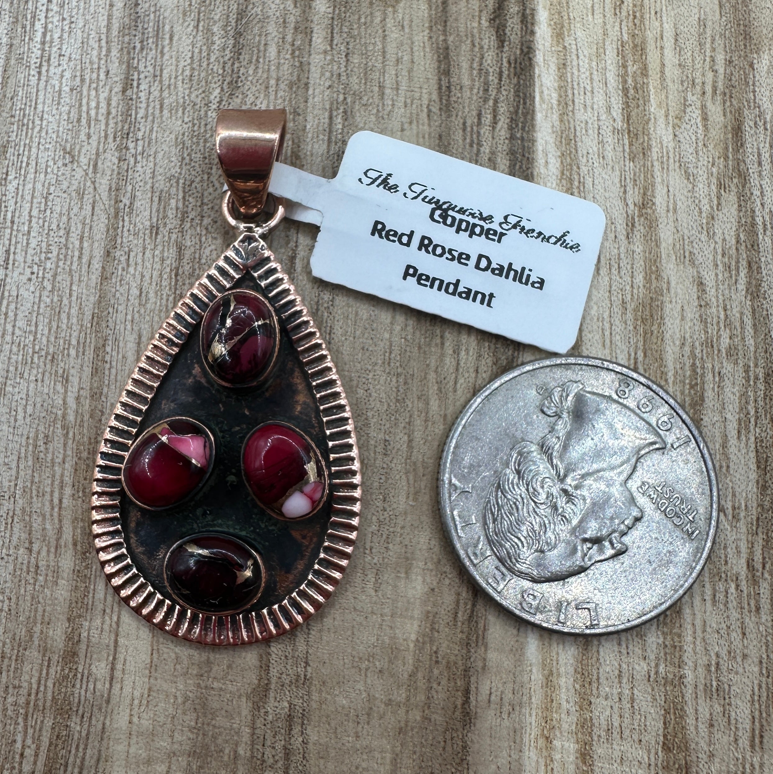 Red Rose Dahlia Turquoise and Copper Pendant