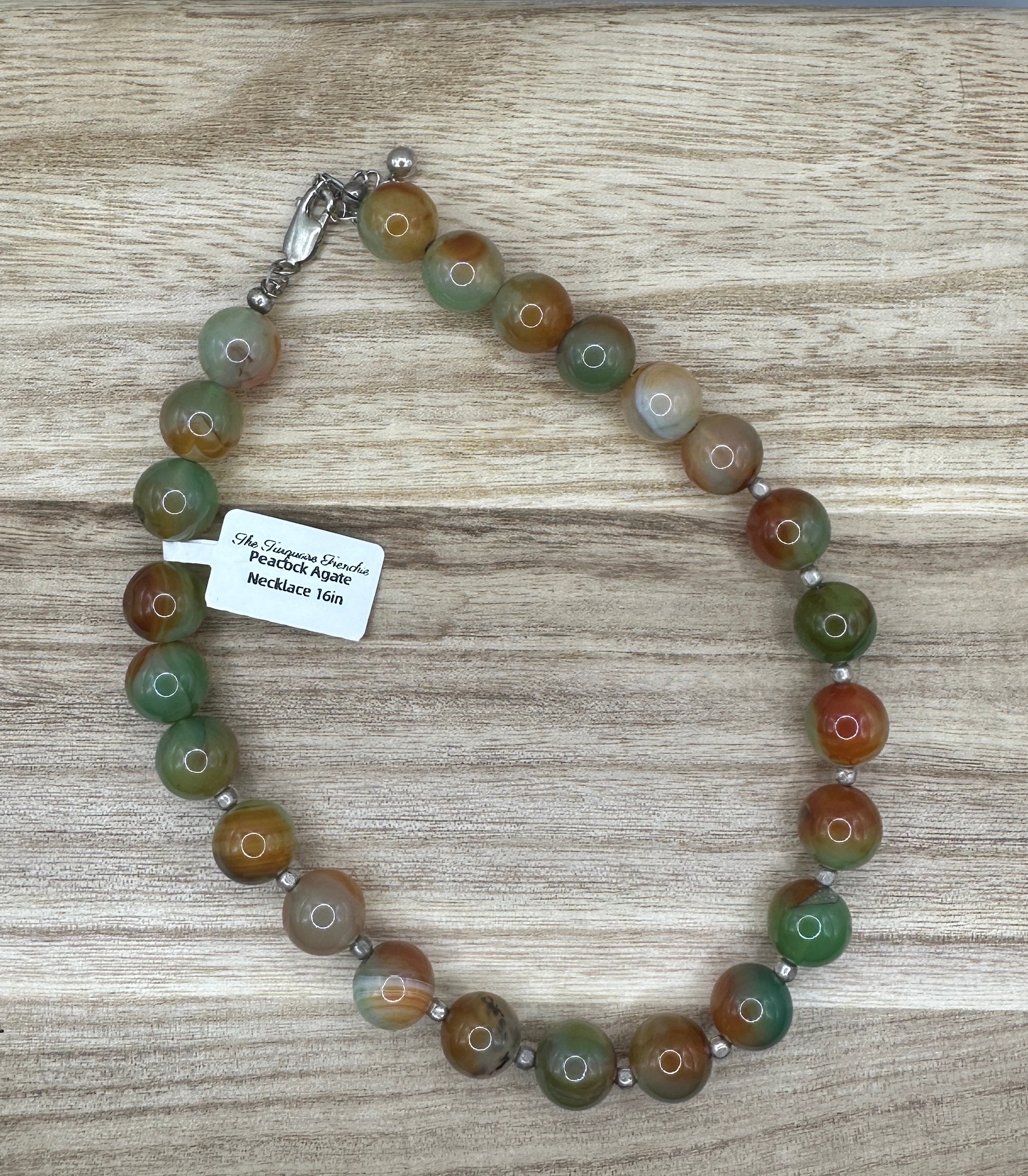 12mm Peacock Agate Necklace 16in