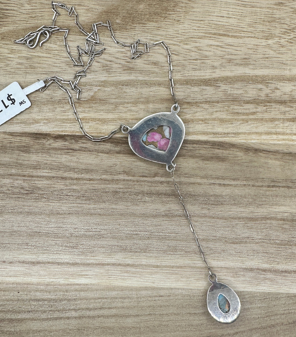 Cotton Candy Dahlia Turquoise Lariat Necklace 18in