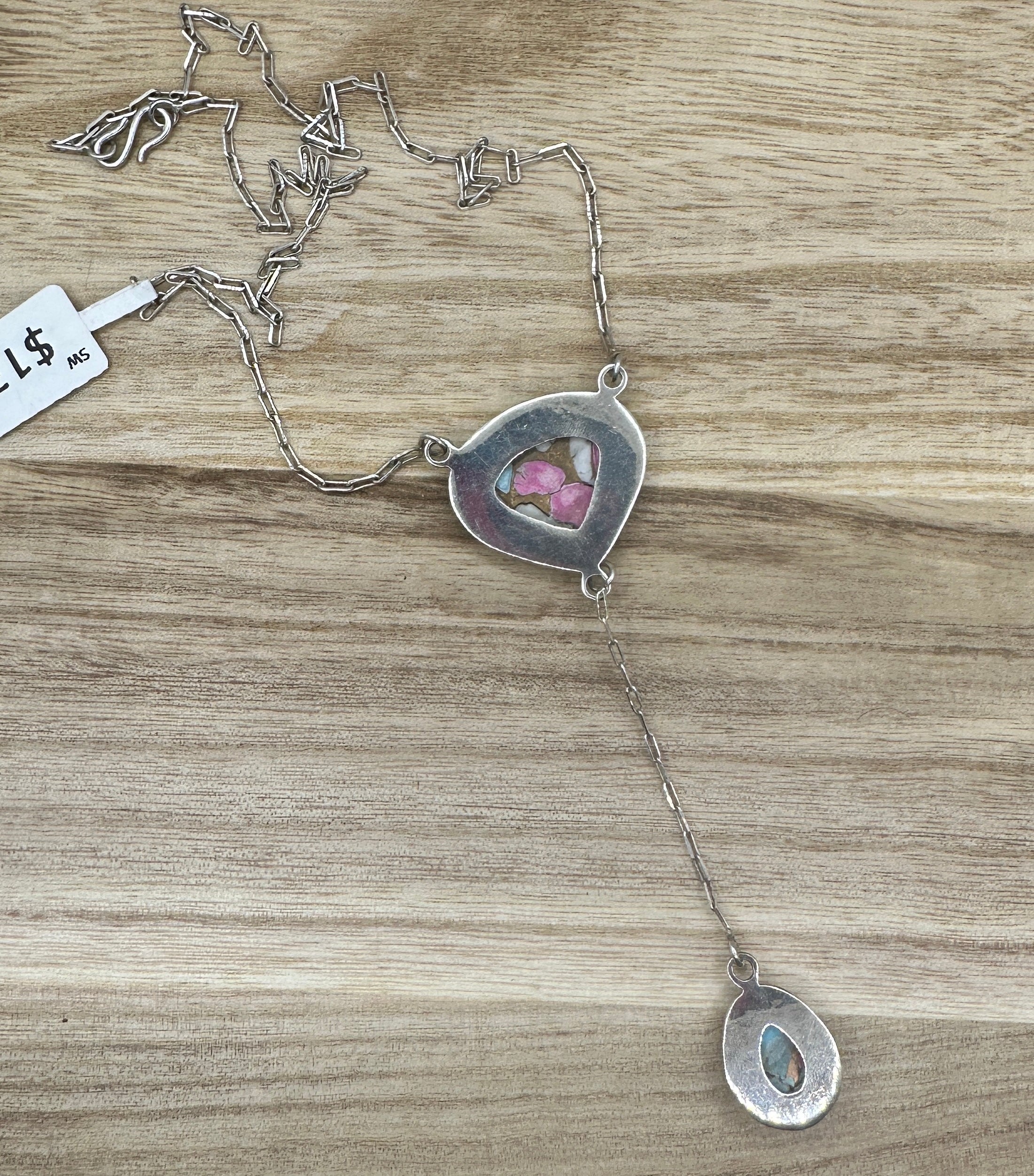 Cotton Candy Dahlia Turquoise Lariat Necklace 18in