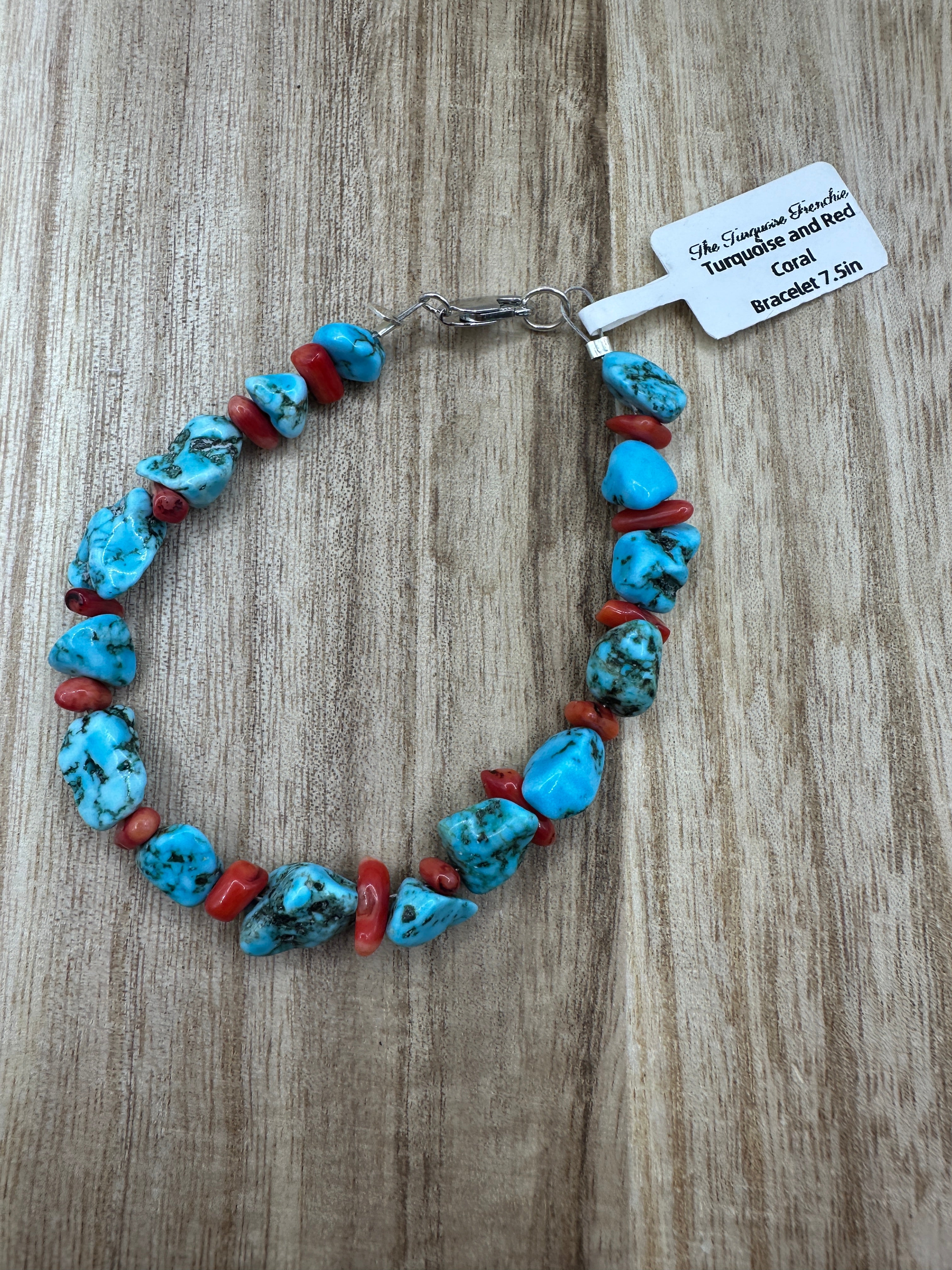 Turquoise And Red Coral Bracelet 7.5in